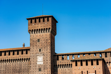 Fototapeta premium Sforza Castle XV century (Castello Sforzesco) Milan, Lombardy, Italy, Europe. Tower of Bona and Giovia