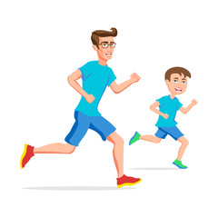 Family sport father and son running or jogging parent and child vector isolated character outdoor activity schoolboy and dad active pastime bringing up kid fatherhood and childhood love and care