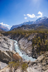 Marsyandi river valley. Himalayan mountains. Annapurna circuit trek