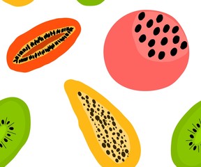 Seamless colorful summer pattern with fruits,papaya, kiwi, melon. Vector illustration