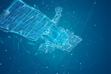 vector 3d background. communication satellite in a volumetric triangular style. abstract caotic particle explosion