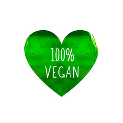 Vector 100 Percent Vegan Sign, Colorful Green Heart Shaped Leaf with Handwritten Words Isolated on White Background.
