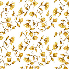 watercolor and pastel gold flowers and leaves in a vintage graphic pattern combined on a white seamless background, for use in design, textiles, wrapping paper, wallpaper