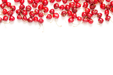 Creative fresh cherry pattern background with copy space. Food concept.  Top view. - Image