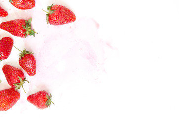 Creative fresh strawberries pattern background with copy space. Food concept.  Top view. - Image.