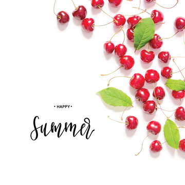 Inscription Happy Summer.  Creative fresh cherry pattern background. - Image