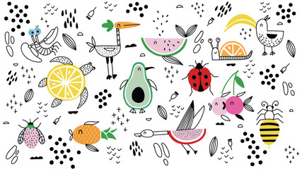 Set animals fruit characters Doodle vector illustration hand drawn