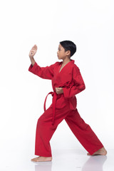 Master Red Belt Kid TaeKwonDo show basic step of fighting pose, Asian Teenager boy black hair tanned skin exercise warm up in red uniform bare foots, studio lighting white background copy space