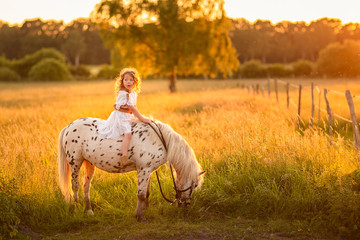 Girl walking at sunset in a field with a horse.Rural life. Summer