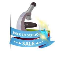 Back to school sale, isolated web banner with ribbon, microscope, books and chemical flask