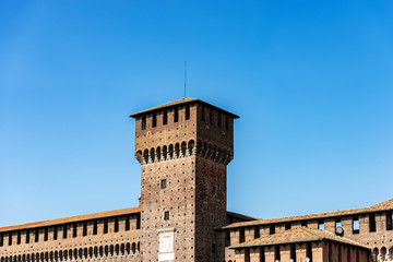 Fototapeta na wymiar Sforza Castle XV century (Castello Sforzesco) Milan, Lombardy, Italy, Europe. Tower of Bona (Torre di Bona di Savoia 1476)