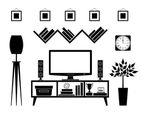 Silhouette tv zone. Vector stencil place to watch TV. Black and White Vector Illustration.