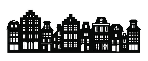 Laser cutting Amsterdam style houses. Silhouette of a row of typical dutch canal view at Netherlands. Stylized facades of old buildings. Wood carving vector template. Background for banner, card. - obrazy, fototapety, plakaty