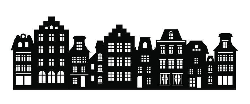 Laser cutting Amsterdam style houses. Silhouette of a row of typical dutch canal view at Netherlands. Stylized facades of old buildings. Wood carving vector template. Background for banner, card.