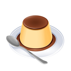 Caramel pudding on white dish and spoon illustration