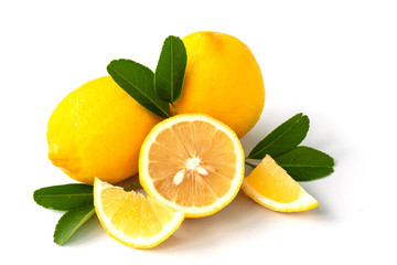 fresh lemon with lime and leaves on white background
