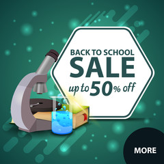 Back to school sale, square discount web banner for your website with microscope, books and chemical flask