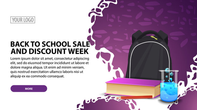 Back to school sale and discount week, modern horizontal web banner with beautiful texture, school backpack, a book and a chemical flask