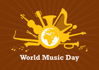 World Music Day with musical instruments vector. Planet Earth with musical instruments vector illustration. World Day of Music Poster, celebrated each June 21. Important day
