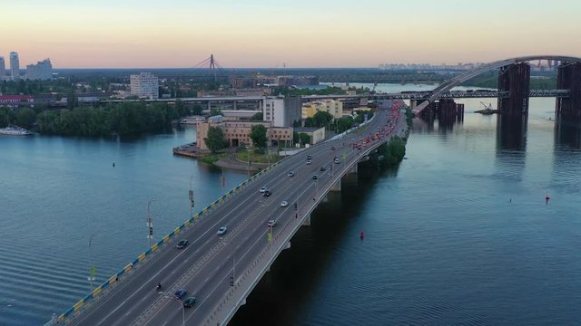 Aerial view of Podol`s district roads and bridges and Poshtova Ploscha in Kyiv, Ukraine