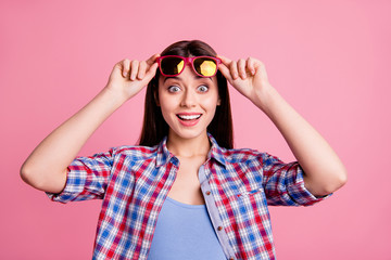 Portraiut of cute nice attractive youth millennial touch specs scream shout astonished impressed incredible information discount trip free time plaid shirt modern clothes isolated pink background