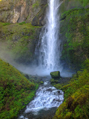 Moss Stone in Multnomah Falls A Famous Beautiful Nature in Multnomah County, Oregon State.