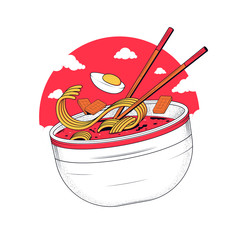 Ramen noodles. Noodles with egg and meat. Bowl with ramen and sticks on the background of the sun and clouds. Vector illustration