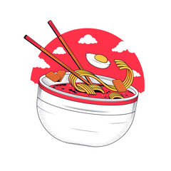 Ramen noodles. Noodles with egg and meat. Bowl with ramen and sticks on the background of the sun and clouds. Vector illustration