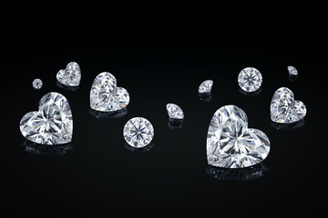 Diamond isolated on black background. Luxury colorless transparent sparkling gemstone diamond heart shape cut - obrazy, fototapety, plakaty