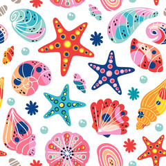 white seamless pattern with seashells - vector illustration, eps