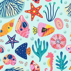 Verduisterende rolgordijnen zonder boren In de zee seamless pattern with beautiful underwater sea life  - vector illustration, eps