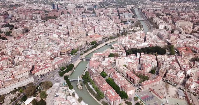  Aerial view of Murcia cityscape with a segura river  and apartment buildings, Spain