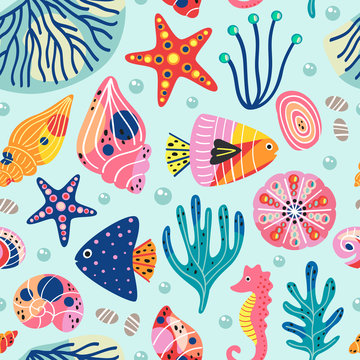 seamless pattern with beautiful underwater sea life  - vector illustration, eps