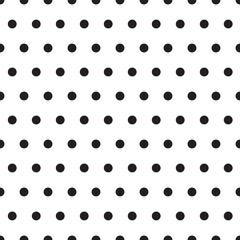 Vector illustration of small black polka dots on white background. Seamless classic retro pattern for textile printing or web. Flat design.