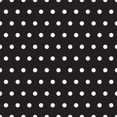 Vector illustration of small white polka dots on black background. Seamless classic retro pattern for textile printing or web. Flat design.