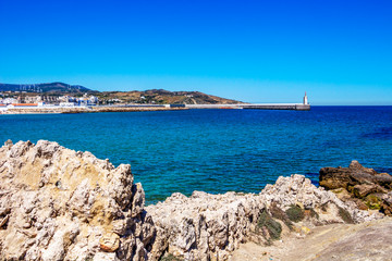 View of Tarifa and Punta del Santo from Isla de las Palomas, the southernmost point of continental Europe in Andalusia, Spain
