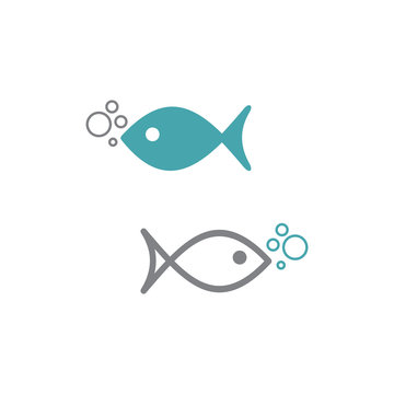 Vector illustration of fish icon with air bubbles. Set of two vector icons. Flat design Monochrome