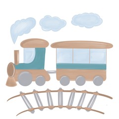  Illustration of transport: train or locomotive with wagon. Children's print for clothes, decor baby room,  baby room decor, textile, books, wrapping paper.  Watercolor boy  print. © Alexsandra