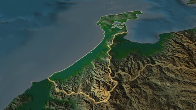 Ishikawa - prefecture of Japan zoomed on the physical map of the globe. Animation 3D
