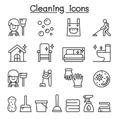 Cleaning house & Hygiene icon set in thin line style