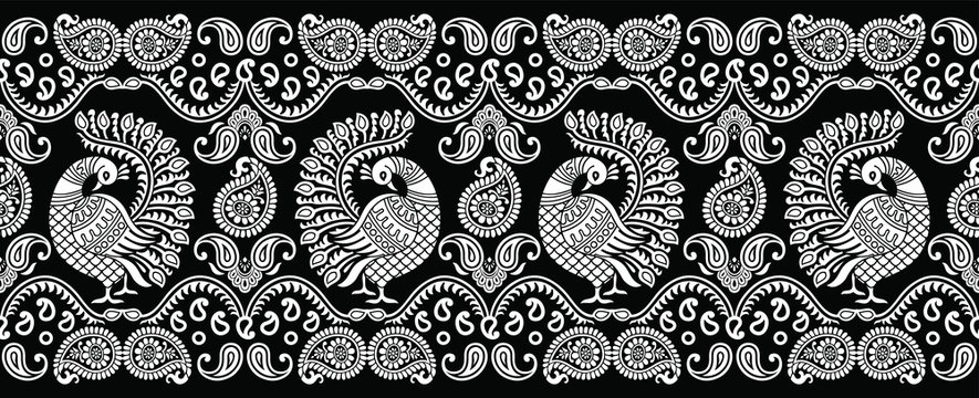 Seamless traditional indian black and white peacock border