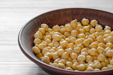 chickpeas raw in a clay plate after soaking