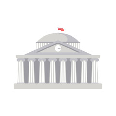 University building sign, bank, museum, library, parliament. Classical Greece Roman architecture in white with Ionic columns, dome, clock, spire and flag. web icon, isolated vector illustration
