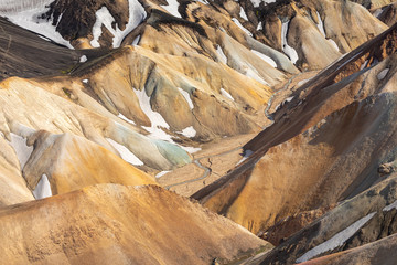 Landmannalaugar National Park - Iceland. Rainbow Mountains. Aerial view of beautiful colorful volcanic mountains. Summer time.