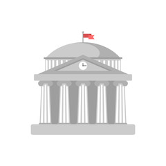 University building sign, bank, museum, library, parliament. Classical Greece Roman architecture in white with Ionic columns, dome, clock, spire and flag. web icon, isolated vector illustration