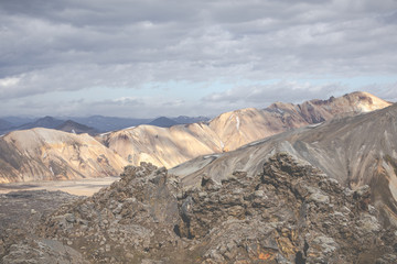 Landmannalaugar National Park - Iceland. Rainbow Mountains. Aerial view of beautiful colorful volcanic mountains. Summer time.