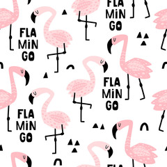 Tropical pattern with flamingos and text