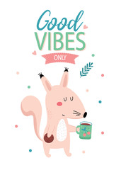 Card with squirrel with cup of tea