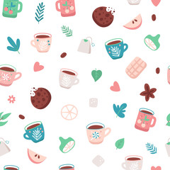 Seamless pattern of teacups and sweets