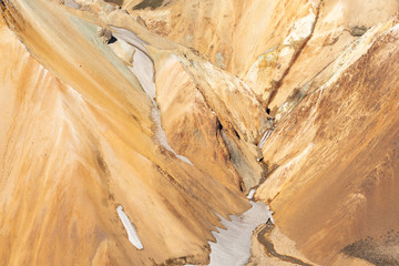 Landmannalaugar National Park - Iceland. Rainbow Mountains. Aerial view of beautiful colorful volcanic mountains. Summer time.